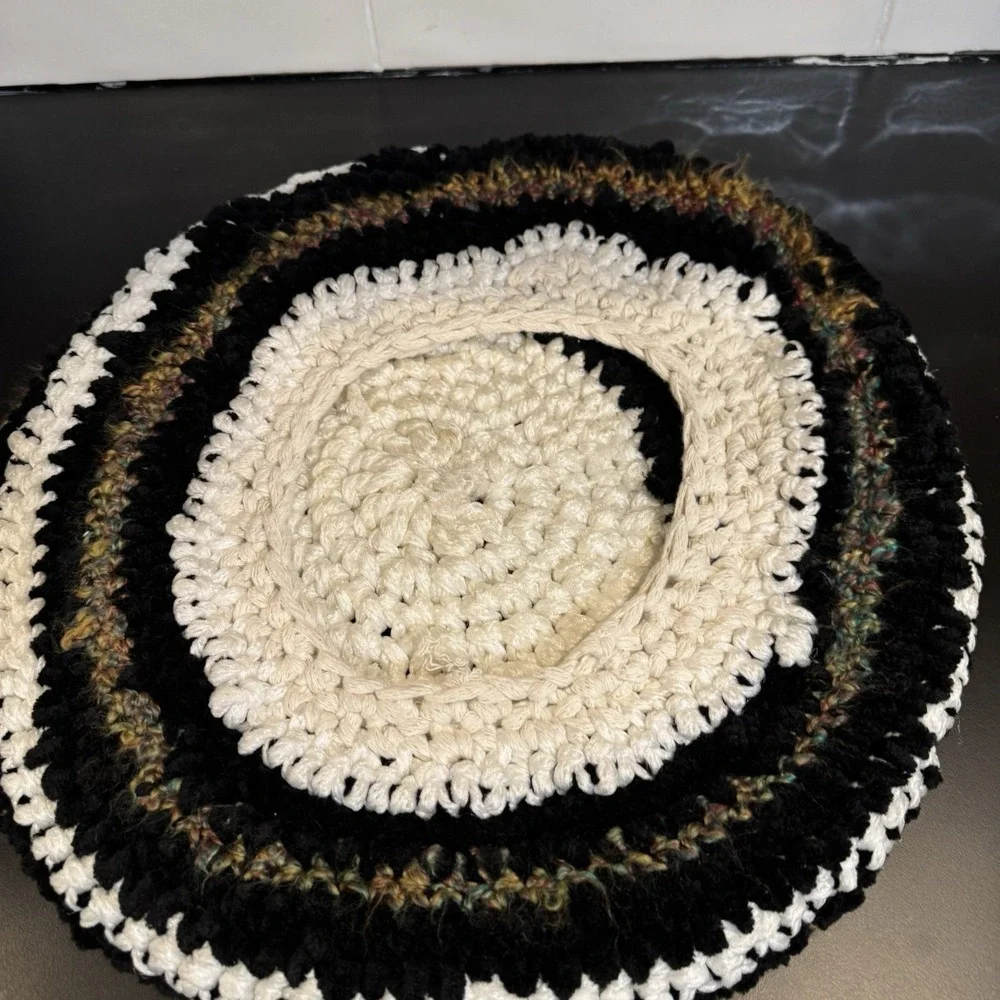 Handmade Crochet Round Pillow Cover Home Decor 16in Black White Earth Tones Boho